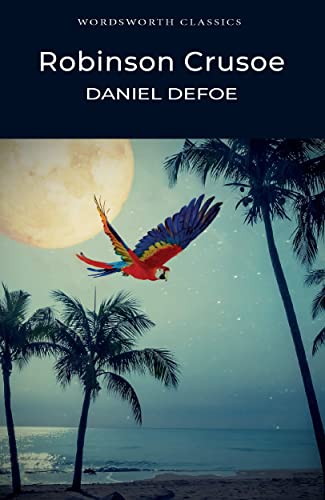 Book cover of Robinson Crusoe showing a parrot flying over a beach with palm trees.