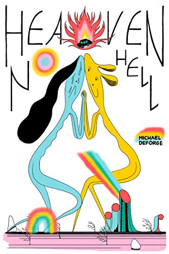 Book cover: two figures embracing under flames and a rainbow.