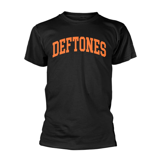 Black t-shirt with orange arched "DEFTONES" text on the chest.