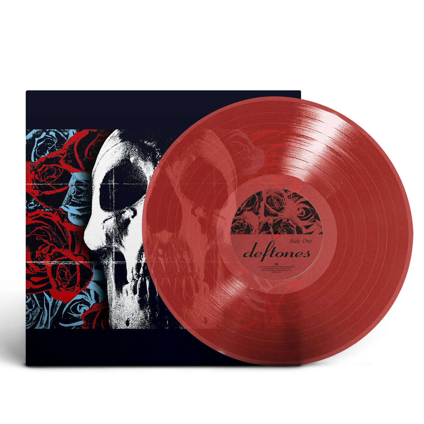 Red vinyl record and album cover with a skull and roses design.