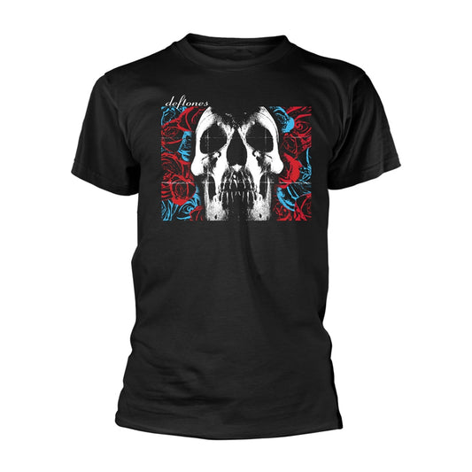 Black t-shirt with white skull and colorful floral design.