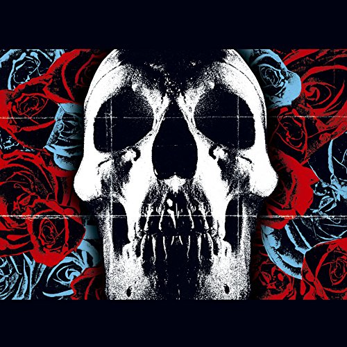 A white skull centered against a background of red and blue roses.