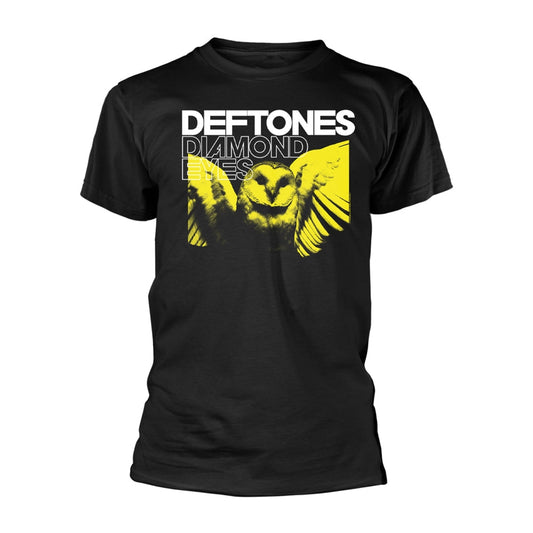 Black t-shirt with white "Deftones Diamond Eyes" text and owl graphic.