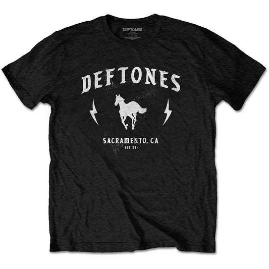 Black Deftones t-shirt with white horse logo, lightning bolts, and Sacramento text.