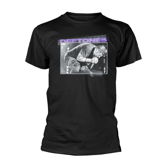 Black t-shirt with Deftones band graphic of a man performing.
