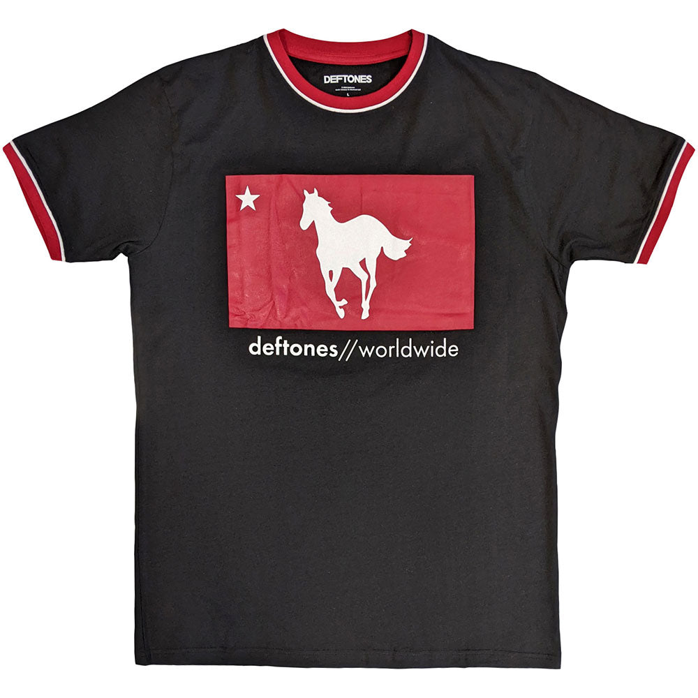 Black Deftones t-shirt with red star, horse, and band logo graphic.