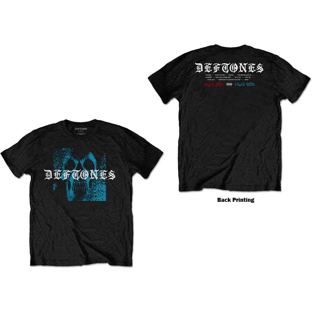 A man wearing a black t-shirt with a blue static skull and Deftones logo.