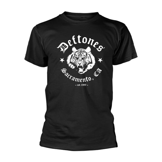 Black t-shirt with white Deftones logo, tiger, and Sacramento text.