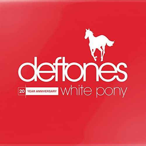 Red album cover for Deftones’ “White Pony” with a white horse graphic.