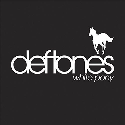 Black album cover with white text "deftones white pony" and a horse silhouette.