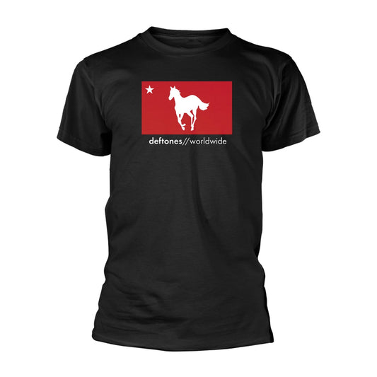 Black t-shirt with a white horse and flag design for Deftones.