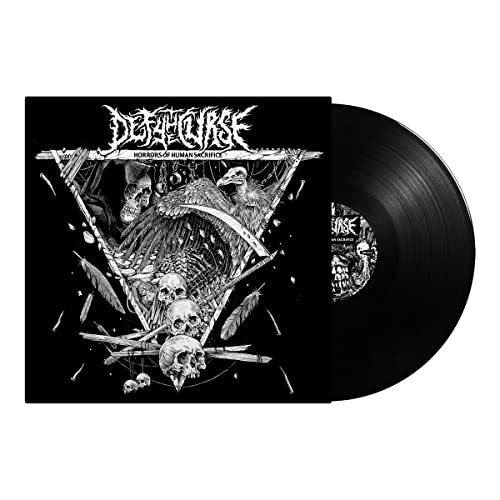 Black vinyl record and album cover with skulls and a bird of prey.