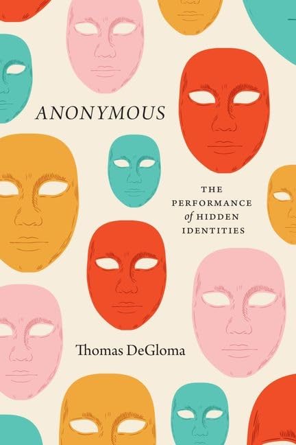 Book cover with repeating, colorful faceless masks and title “Anonymous.”