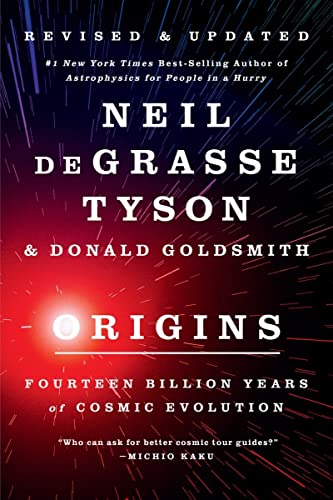 Book cover for "Origins" by Neil deGrasse Tyson, with cosmic imagery.
