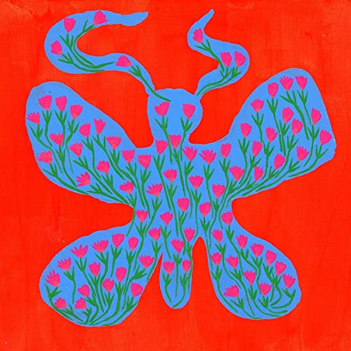 Blue butterfly shape filled with pink flowers on a red background.