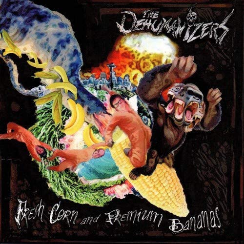"Album cover with surreal illustration of man, corn, bananas, and grotesque creature."