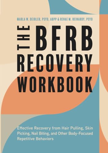 Book cover with bold text: "The BFRB Recovery Workbook" on a colorful background.