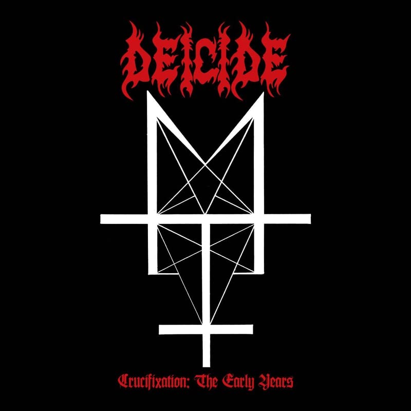 Black album cover with white inverted cross and band name "Deicide".