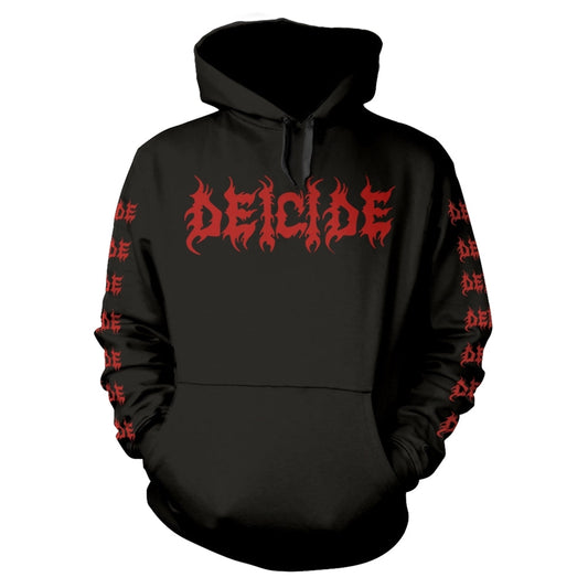 Black hooded sweatshirt with repeating red "DEICIDE" logo design.