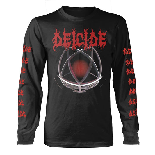 Black long-sleeve shirt with red "DEICIDE" logo and pentagram design.