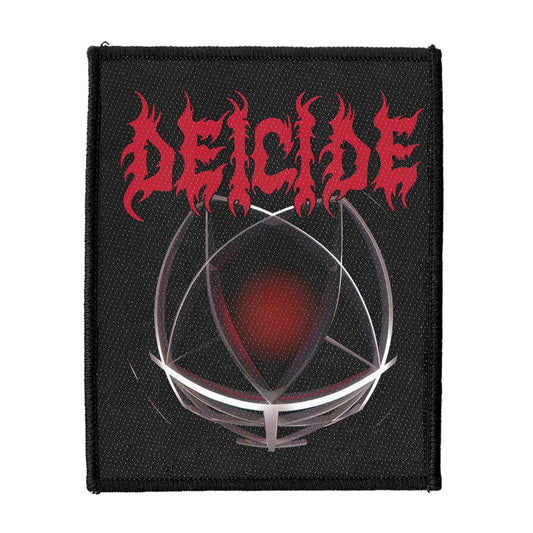 Black patch with red “DEICIDE” logo above a metallic sphere.