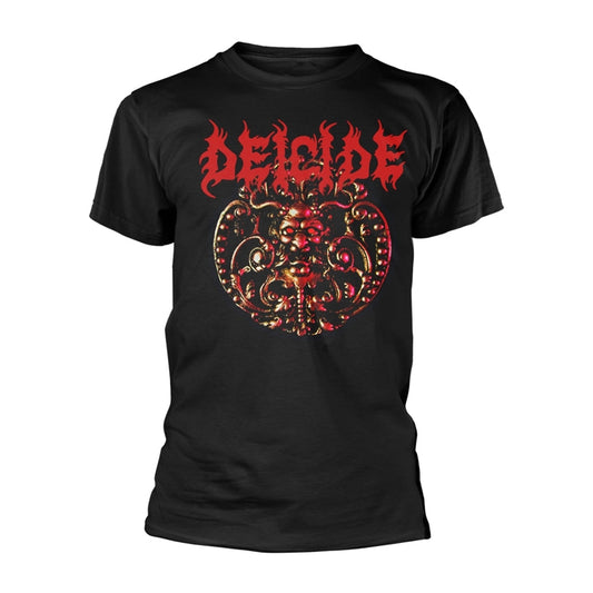 Black t-shirt with large red and black "Deicide" band logo print.