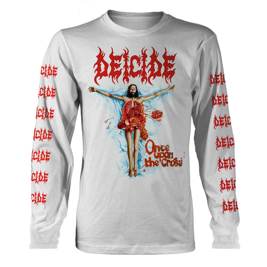 White long-sleeve shirt with graphic of a crucified figure and band logo.