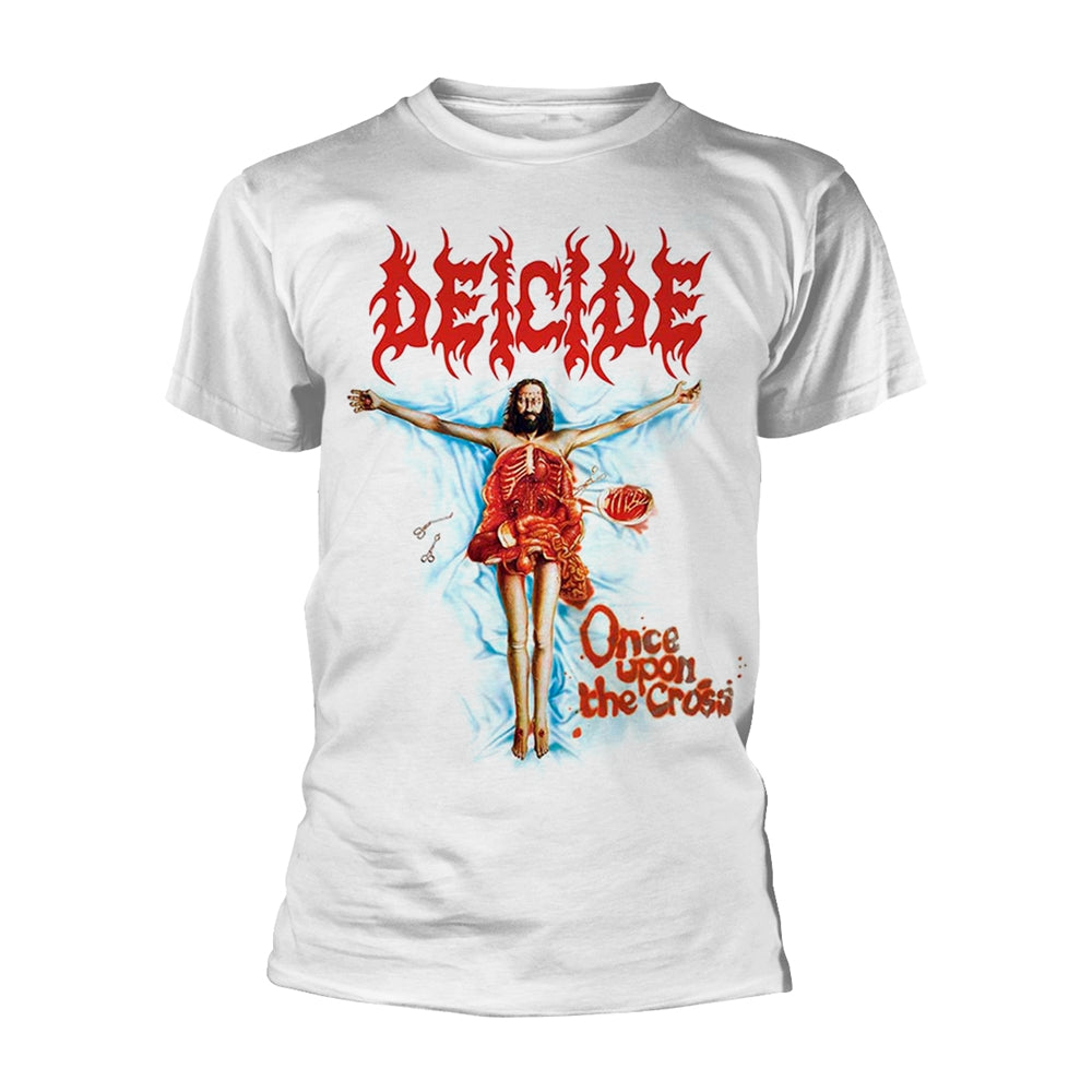 White t-shirt with Deicide band logo and graphic of a crucified figure.