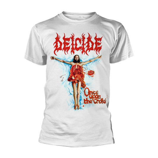 White t-shirt with Deicide band logo and graphic of a crucified figure.
