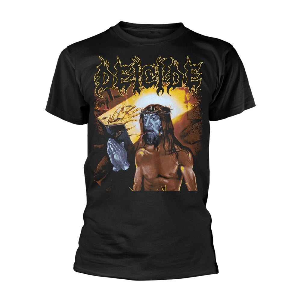 Black t-shirt with Deicide band logo and religious imagery print.
