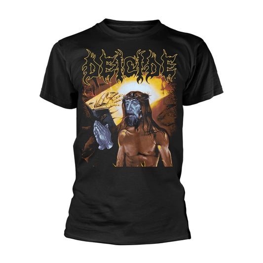 Black t-shirt with Deicide band logo and religious imagery print.