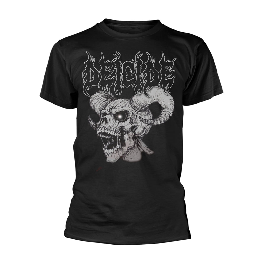Black t-shirt with a white skull and horns graphic on the front.