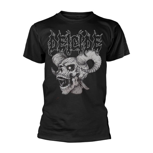 Black t-shirt with a white skull and horns graphic on the front.