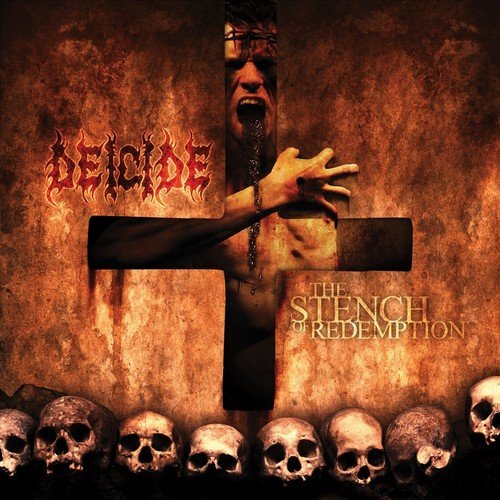 "Album cover with crucified figure, skulls, and 'Deicide' and 'The Stench of Redemption' text."