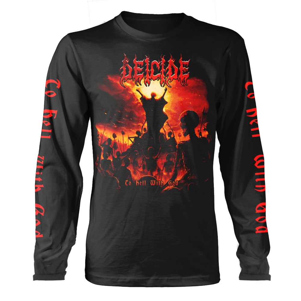 Black long sleeve shirt with a fiery, demonic illustration and text.