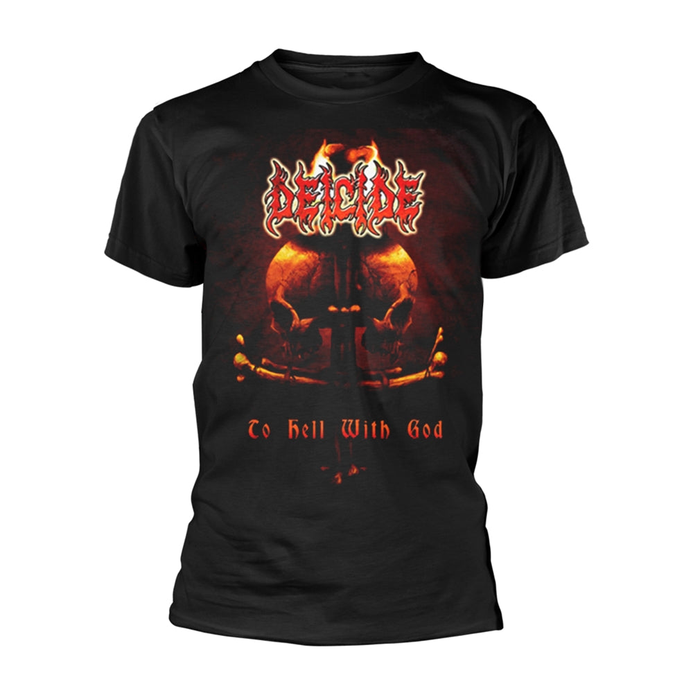 Black t-shirt with a skull, flames, and band logo "Deicide.