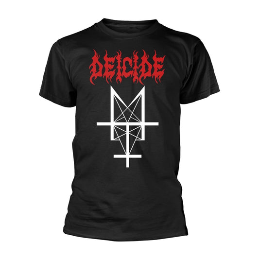 Black t-shirt with red and white Deicide band logo and cross design.