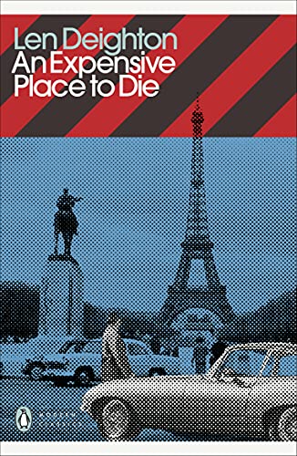 Book cover with red and black stripes over a blue halftone image of Paris.