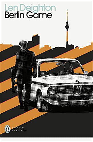 Book cover showing a man in a coat walking past a car in Berlin.