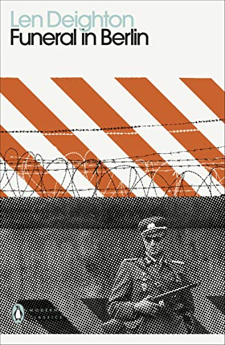 Book cover: "Funeral in Berlin" with orange stripes and barbed wire.
