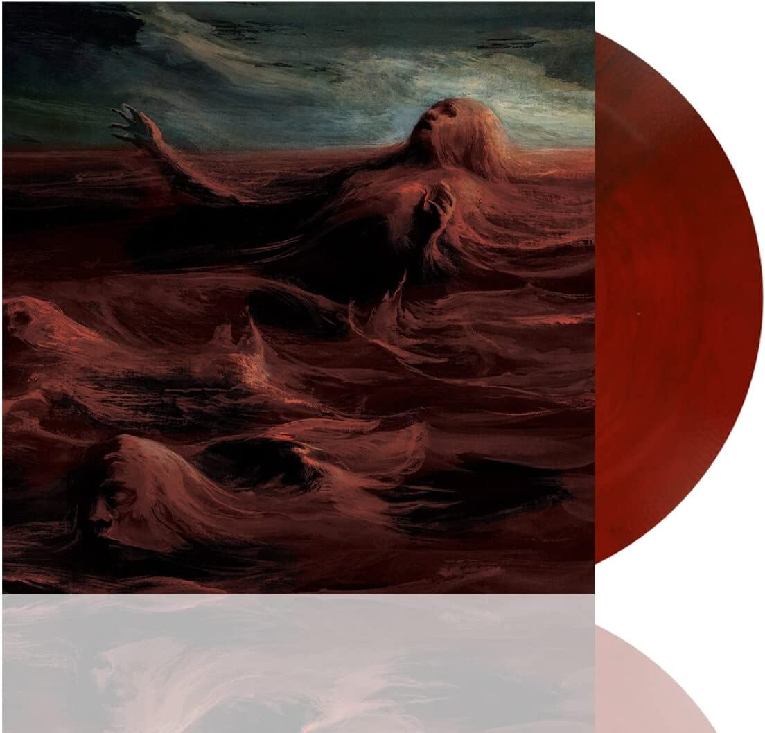 Red vinyl record with painting of a figure struggling in waves.