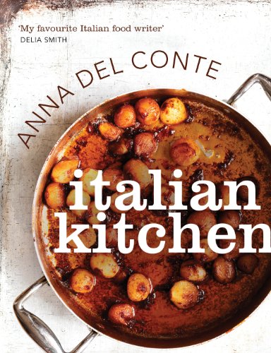 Book cover for Italian Kitchen by Anna Del Conte featuring a pan of potatoes.