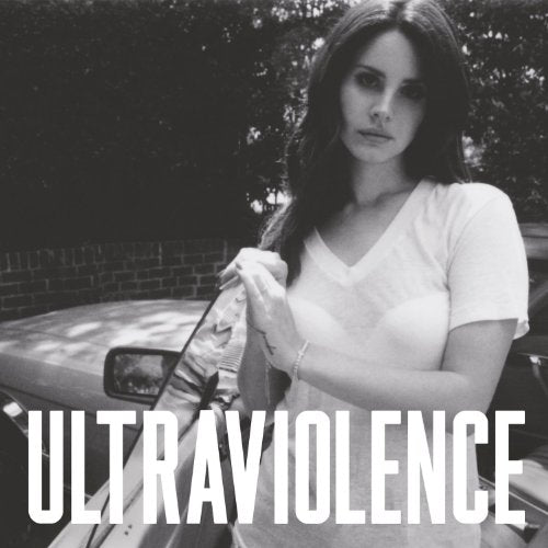 Black and white photo of Lana Del Rey standing by a car, labeled Ultraviolence.