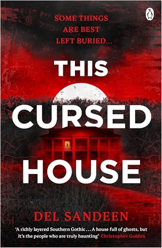 Book cover: red text, haunted house silhouette, and dark, textured background.