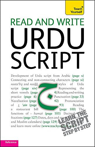 The image depicts the cover of a book titled "Read and Write Urdu Script." Here is a concise summary of the image in 15 words or less: "Book cover with 'Read and Write Urdu Script' title, featuring a green Urdu character."