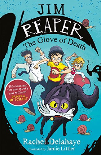 "Cartoon book cover featuring three children and a grim reaper surrounded by snails."