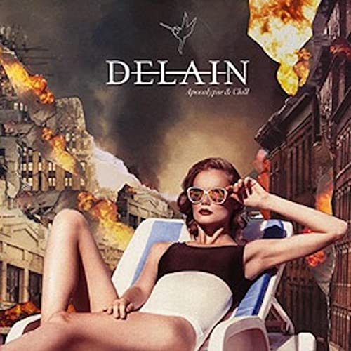 CD cover: woman relaxing in a lounge chair amid destruction.