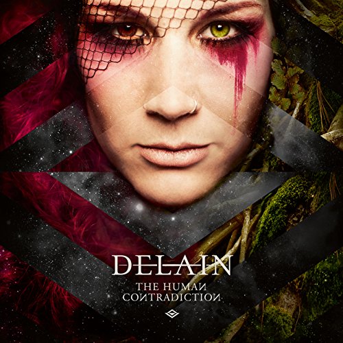 "Delain album cover featuring a woman's face with blood and netting on her cheek."