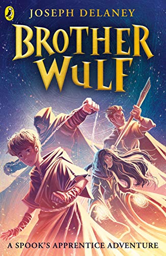 Book cover for Brother Wulf featuring four fantasy characters against a dark, starry background.