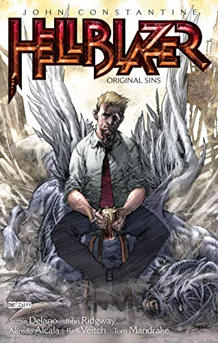 John Constantine sits on a stool before a winged creature on a comic cover.